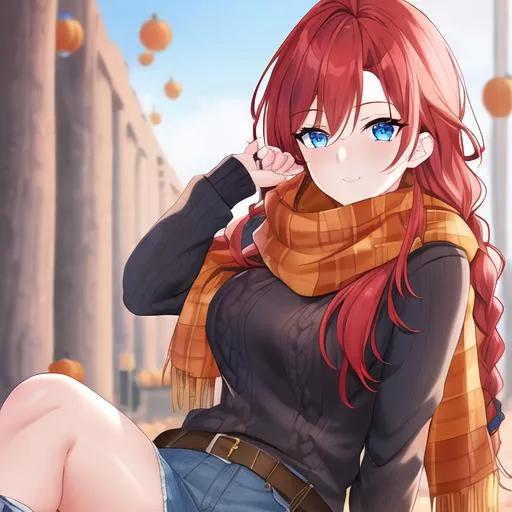 Prompt: Haley 1female (braided red hair pulled back, lively blue eyes), highly detailed face, 8K, UHD, wearing a cozy oversized sweater, ripped jeans, and ankle boots, in the park, fall. Model, wearing a scarf, looking up at the sky, in a pumpkin patch, posing for the camera, young adult