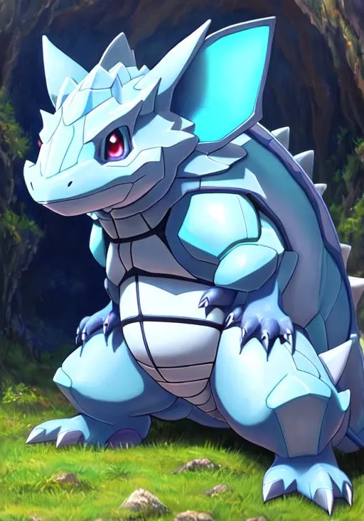 Prompt: UHD, , 8k,  oil painting, Anime,  Very detailed, zoomed out view of character, HD, High Quality, Anime, , Pokemon, Nidoqueen is a large female bipedal blue mammalian Pokémon with distinct reptilian features. Its body is encased with extremely hard scales that serve as excellent protection from any attack and stand up when Nidoqueen is excited or provoked. It has a blunt snout, narrow brown eyes, and large ears with brown insides. There is a small horn on its forehead, a single spine on each ear, and a line of toxic spikes running down the length of its back. Each hand has three short claws and each foot was two claws. Its lower jaw, the front of its abdomen, and two plates on its chest are cream-colored. It has a thick, powerful tail. Nidoqueen is a female-only species.

Nidoqueen can be quite fierce and is very protective of its young. This Pokémon is at its strongest when it is defending its young, and it will try to seal the entrance to its burrow to protect them. It also places it young on its gaps between its gap spikes which never relate poison when the children are placed on it. Nidoqueen is more adaptive at being defensive than offensive. Nidoqueen's scales like armor allow it to defend its children from any attack. When in contact with foes, it can poison them with the spikes from its back or cause small tremors by slamming the ground. It is also adept at sending foes flying with harsh tackles and it uses its hefty bulk to execute powerful moves. Being the result of an evolution via Evolution stone, Nidoqueen is rarely found in the wild, though they can be found in savannas and plains.
Pokémon by Frank Frazetta