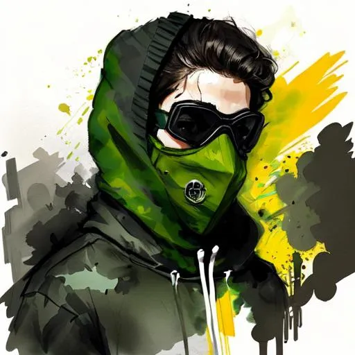 Prompt: Green and black modified vigilante mask over the mouth and goggles on a guy