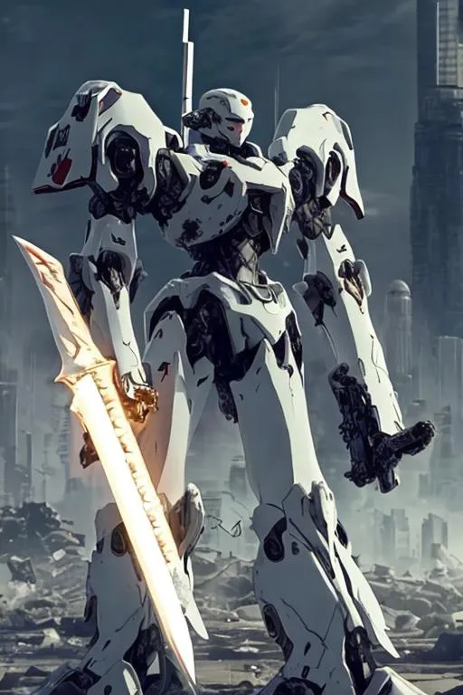 Prompt: A white mecha with sleek but complex armour design holding a long sword and floating weapons surrounding it with a ruined city as background