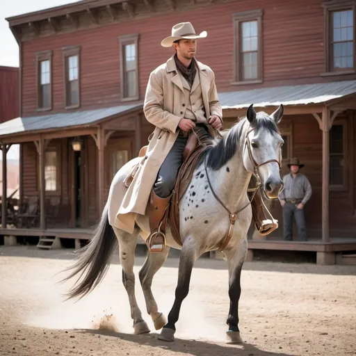 Prompt:  a man riding an Appaloosa horse through a old west town with a light tan trench coat grey saddle pants Calvery boots and a fort crushable silverbelly hat 