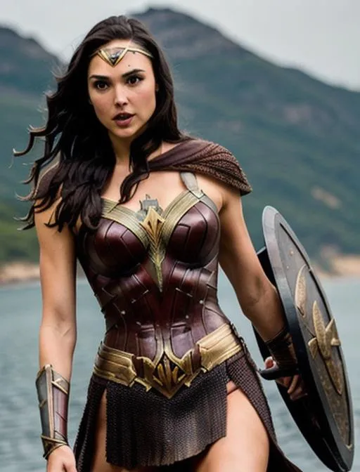 Prompt: Gal gadot wearing viking armor, muscular , hot, warm skin tone, sweating gal gadot body, gorgeous, face details, viking suit, dark background, high details, relaistic 