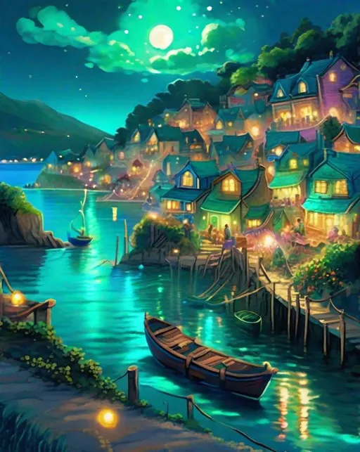 Prompt: A quaint pastel village nestled in lush green hills overlooks a bay filled with teal bioluminescent algae at night. The glowing teal waves light up the water, echoed by the full moon's refection. (((Fireworks ))) burst in colorful explosions over the glittering bay as villagers gather to watch. Strings of lights decorate the streets lined with cheerful pastel homes. Photographed using a drone for an atmospheric bird's eye view of this idyllic seaside town during its summer (((fireworks ))) festival.