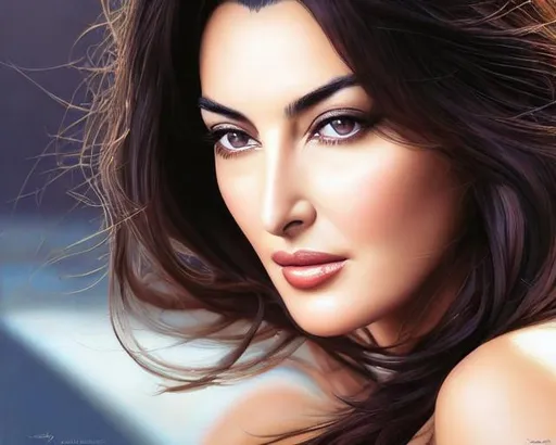 Prompt: face portrait of a Monica Bellucci, Monica Bellucci as Mistress, beautiful body, detailed face, cinematic lighting, photorealistic, intricate detailssmooth soft skin, big dreamy eyes, beautiful intricate colored hair, symmetrical, anime wide eyes, soft lighting, detailed face, by makoto shinkai, stanley artgerm lau, wlop, rossdraws, concept art, digital painting, looking into camerawitchcraft, 
ultrarealistic, flirty gaze, centerfold, 
magical, gorgeous, 
jewelry, 
leather straps, 
fantasy environment, 
portrait of head and torso, fantasy, 
ultra complex, head and shoulders portrait, 4k resolution concept art portrait by Clint Cearley, unreal engine, global illumination, 
detailed and intricate environment, 
portrait, beautiful eyes, hyper detailed, female, trending on artstation, sharp focus, symmetry, 
painted, intricate, volumetric lighting, beautiful, rich deep colors masterpiece, sharp focus, ultra detailed, centered, symmetry, 
intricate, volumetric lighting, 
rich deep colors masterpiece, 
sharp focus, ultra detailed