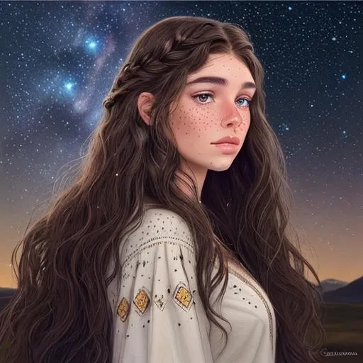 Prompt: A beautiful caucasian Canadian/Irish/French/Native American with light freckles woman (goddess of the night sky) with magical flowing brunette hair in the style of constellations and the night sky profile picture