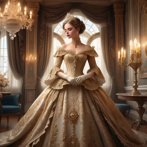 Prompt: Victorian princess, elegantly dressed in a lavish gown with intricate lace details, holding a delicate fan, exquisitely adorned with jewels, soft golden candlelight illuminating her surroundings, a luxurious opulent ballroom background, romantic and enchanting ambiance, intricate wallpaper patterns, vintage decor elements, high detail, 4K resolution, soft warm tones, evoking a sense of timeless beauty and royal grace.