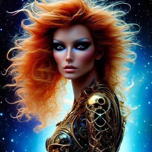 Prompt: An Alien, a stranger, an exotic princess from Tau Ceti. Starlight. Translucent, holographic, airy, light. Wild, unbridled, impulsive. Orange, bronze, gold, and black. mixed media in the style of Boris Vallejo and Luis Royo. Brown-blond hair. Hair straight, shaggy, thin, and windswept. Detailed hair. Curls at the forehead.  Their right eye is half covered by a hairpin. Eyebrows thin. (((Eyes green and blue))), almond-shaped. Nose straight, thin. Lips half open. Lips natural color. (((Stardust on cheeks))). The left side of the face 60% covered with (((tattoos))) and (((implants))). Tattoos, implants bronze and gold. Implant thin lines. Detailed tattoos, implants. (((Head and face portrait.))) Digital 3D Art, perfect composition, beautiful detailed intricate crazy detailed octane render trendy art-station, 8 k art photography, photo-realistic concept.