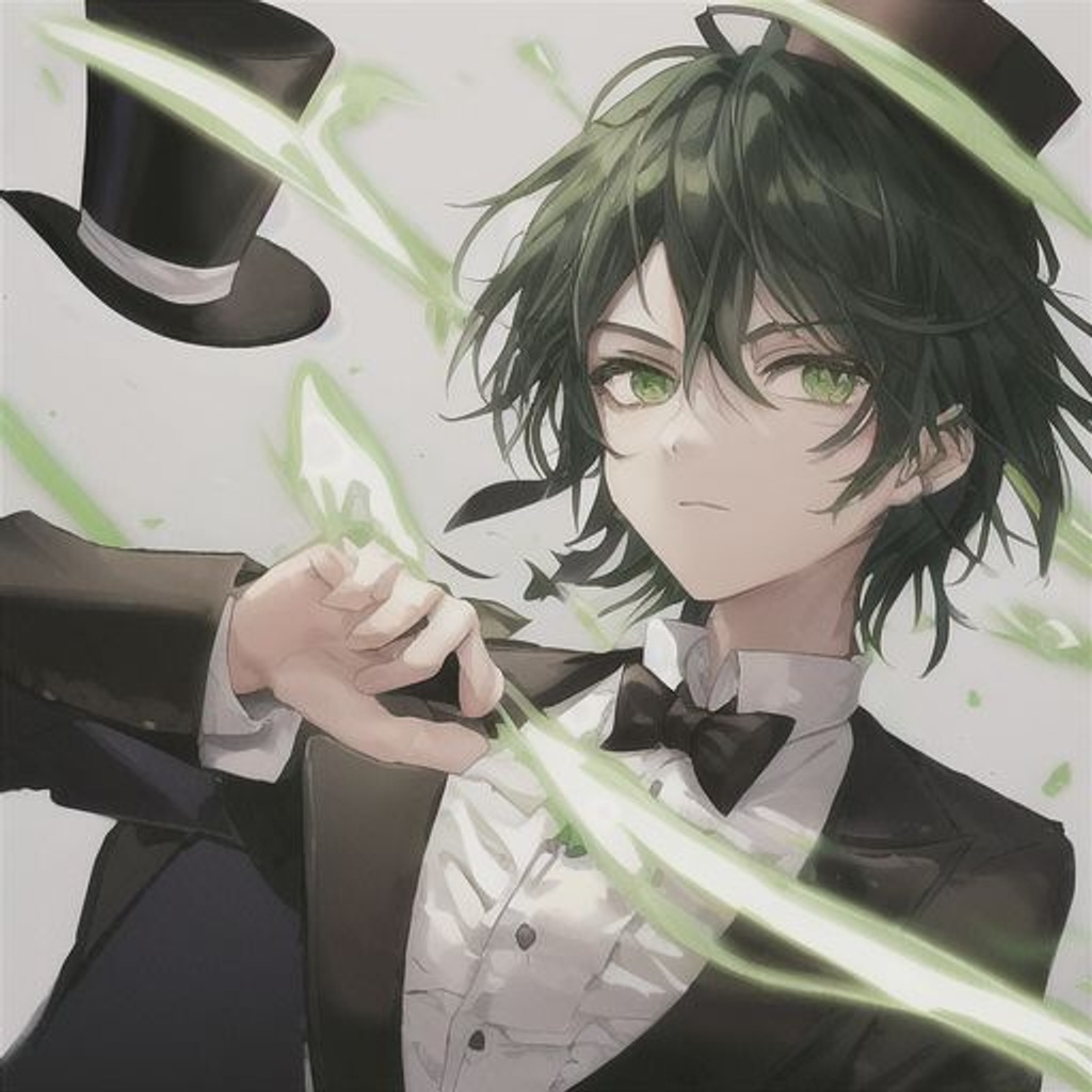 Prompt: Top Hat, Green Aura, Green Eyes, Black Hair, Master Conductor, Wize Saggi Mage