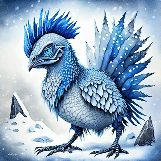 Prompt: Atmoran Bantam Guar which is a reptilian chicken-like creature, snow-grey scales, vivid deep blue horns and spikes, glowing with icy deep blue frost, icy blue eyes, comes from the frozen far-north, masterpiece, best quality, (in watercolor painting style)  