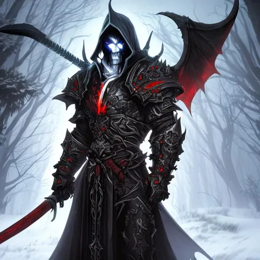 Prompt: handsome diablo-inspired necromancer in black armor with long whitening red hair, wielding a scythe, walking in a misty snowy forest