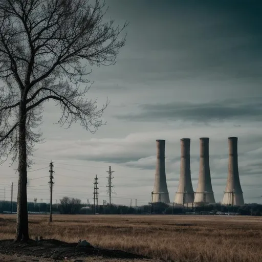 Prompt: Create realistic image of dead plants and trees that have no leaves , add oil pumpers, nuclear power plants and factories in the background. Add a dark gray sky 