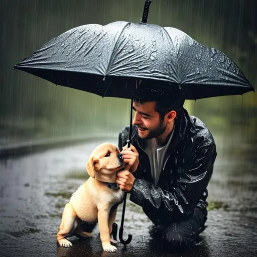 Prompt: Man holding an umbrella over a puppy in the rain