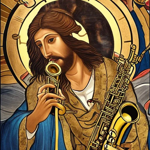 Prompt: actual photo of snake jesus playing saxophone, surprise me
