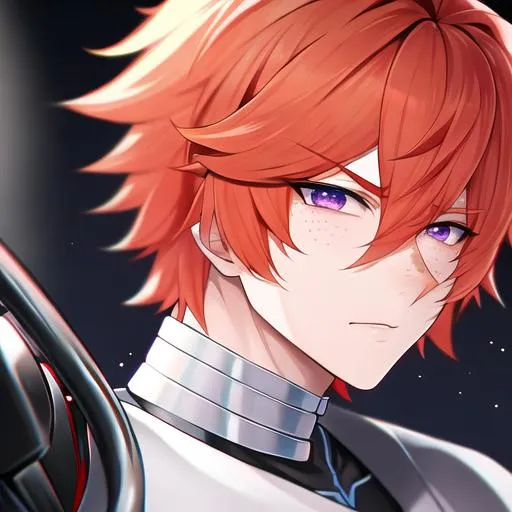 Prompt: Erikku male (short ginger hair, freckles, right eye blue left eye purple) UHD, 8K, Highly detailed, insane detail, best quality, high quality, Upset, muscular, riding a motorcycle