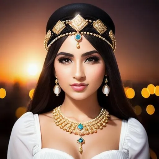 Prompt: "there's only one who paid the price for you", very beautiful young woman, Babylonian religious jewelry, city background, shiny pearls, 35mm lens, F4.5, fill flash, studio lighting