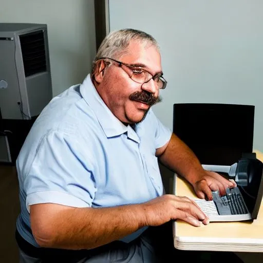 Prompt: old fat computer technician sitting at a desk