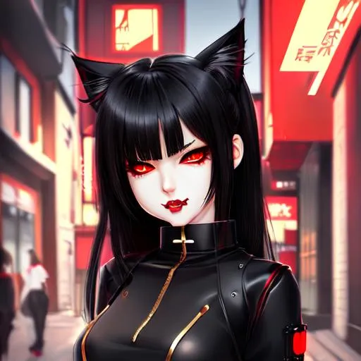 Prompt: cute girl neko, black hair, red eyes, bionic, fangs, designer clothes, urban area, HDRI, smooth, sharp focus, illustration, golden ratio