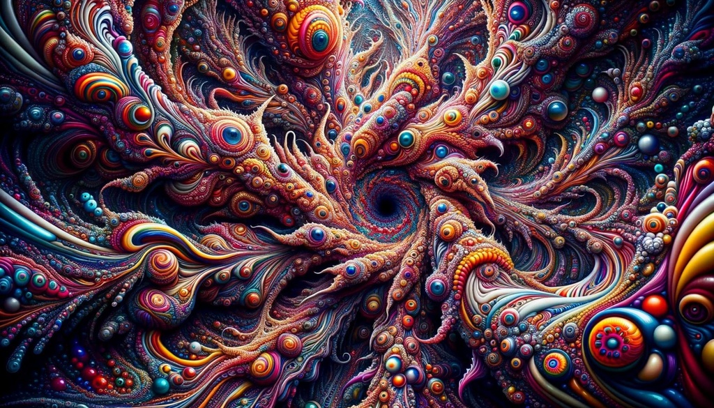 Prompt: A photo that captures the essence of 'excruciating', with intense, eye-catching colors and intricate patterns, evoking feelings of psychedelic surrealism and the chaos of neurocore.