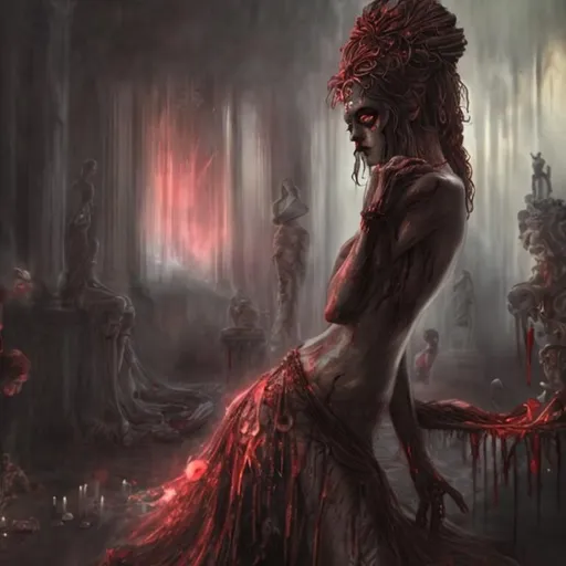 Prompt: Bloody Mess , the house,Skinny  beautiful hera, goddess of marriage In Pain,scream,black dress,numb,dark,ultra-realistic,divine beads of light