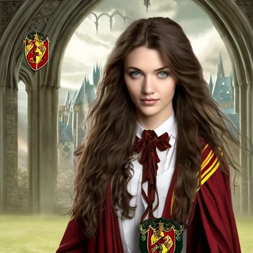 Prompt: long-haired, brown-haired, green-eyed beautiful woman as a Hogwarts Gryffindor student at Hogwarts