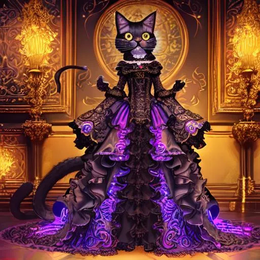 Prompt: anthropromorphic Cat, wearing ornate Victorian gown, lace and satin, gilded, intricate, flowing, neon, led, fractals, hyper-detailed, 64K, UHD, HDR, unreal engine, vivid colors