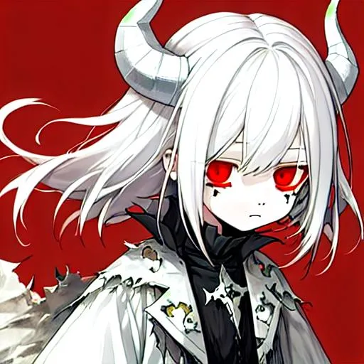 Prompt: Zaley 1female (white hair) {white demon horns} child, 10 years old, wearing torn clothes