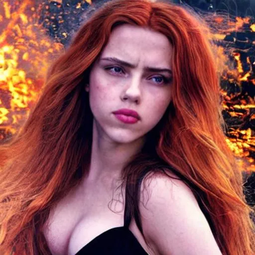 Prompt: a photorealistic picture of a beautiful 22 year old 
female, with red long hair, small eyes, a face like scarlett johansson and emma watson and penelope cruz, and black see-through clothes, fressed like an angel with big white wings.  In the background a burning train, a starry night.