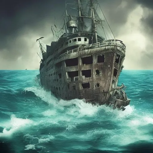 Prompt: I need an image of a family lost on a 
haunted ship in the Bermuda Triangle while trying to escape