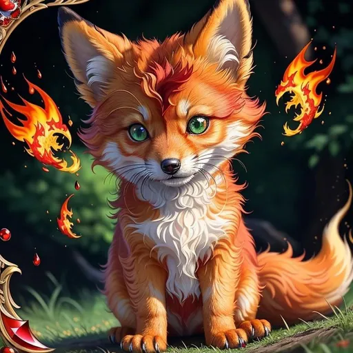 Prompt: (masterpiece, professional oil painting, epic digital art, best quality:1.5), insanely beautiful tiny scarlet ((fox kit)), (canine quadruped), fire elemental, silky golden-red fur, highly detailed fur, timid, ((insanely detailed alert emerald green eyes, sharp focus eyes)), gorgeous 8k eyes, fluffy glistening gold neck ruff, energetic, two tails, (plump), fluffy chest, enchanted, magical, finely detailed fur, hyper detailed fur, (soft silky insanely detailed fur), presenting magical jewel, beaming sunlight, lying in flowery meadow, professional, symmetric, golden ratio, unreal engine, depth, volumetric lighting, rich oil medium, (brilliant dawn), full body focus, beautifully detailed background, cinematic, 64K, UHD, intricate detail, high quality, high detail, masterpiece, intricate facial detail, high quality, detailed face, intricate quality, intricate eye detail, highly detailed, high resolution scan, intricate detailed, highly detailed face, very detailed, high resolution