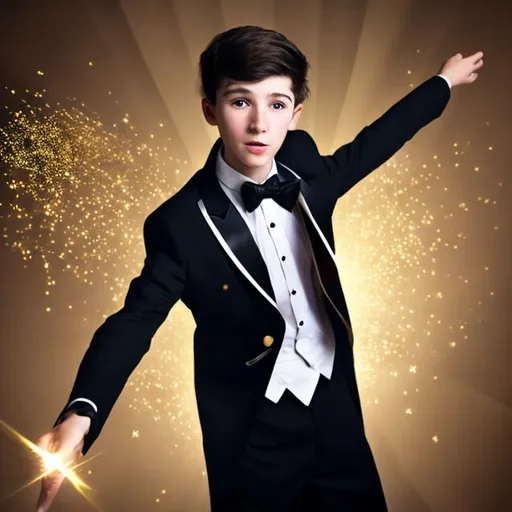 Prompt: 16 year old Magician boy in a tuxedo used his magic wand to cast a gold sparkly magic spell flying through the air