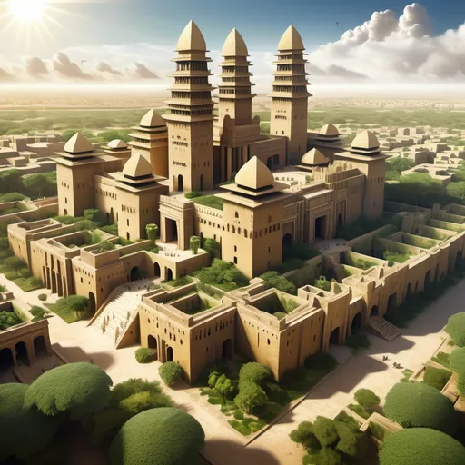 Prompt: Fantasy Illustration of a huge palast, western-african architecture, entire structure, limestone materials, birdview, african style towers, surrounded with high walls, lush green garden, immersive world-building, high quality, detailed, epic scale, fantasy, surrounded by an ancient african city like timbuktu, bright sunlight