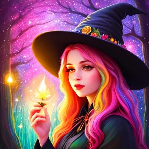 Prompt: a young witch with flowing multicolored hair, Disney style, witch hat, forest, flowers, nighttime, galaxy, soft light, art, painting, sweet, fireflies, pastel, vaporwave