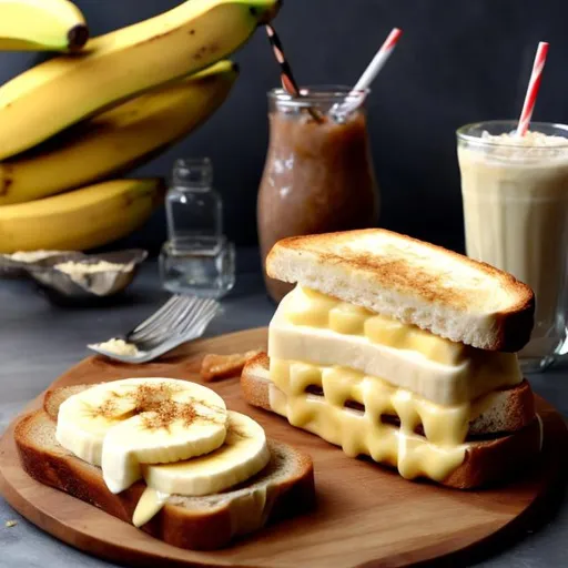 Prompt: seductress banana cheese sandwich on toast with cheese milkshake on a table made out of banana and cheese wood