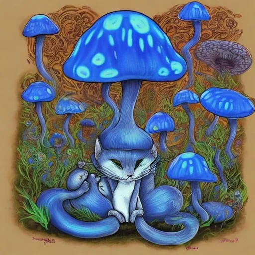 Prompt: blue mushroom cat on DMT laying with a group of stoners




 





