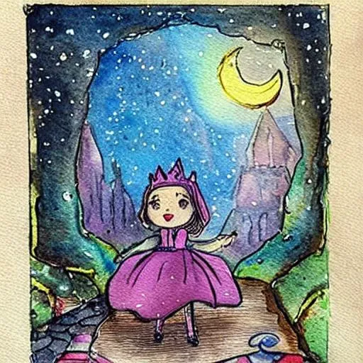 Prompt: Watercolour drawing of: Once upon a time, in a faraway kingdom, there lived a beautiful princess named Amelia. Amelia was not an ordinary princess; she possessed a sense of adventure that yearned for the unknown. One moonlit night, as she lay in her bed, gazing up at the twinkling stars, she made a wish upon the brightest one. "I wish to explore new lands and meet extraordinary beings," she whispered.