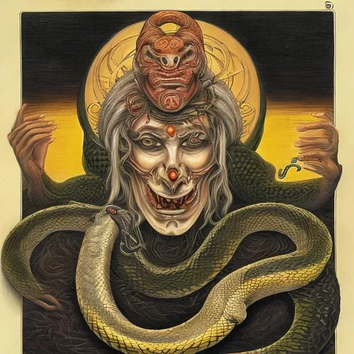 Prompt: Kundalini serpent comming from a mans mouth, 3rd eye opened