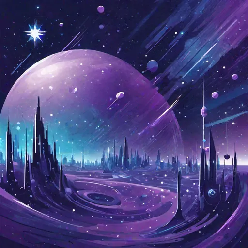 Prompt: Illustrate an abstract representation of space colonization in the future. Use dark shades of blue and purple to portray the vastness of the cosmos, with bright, star-like points symbolizing human settlements.
