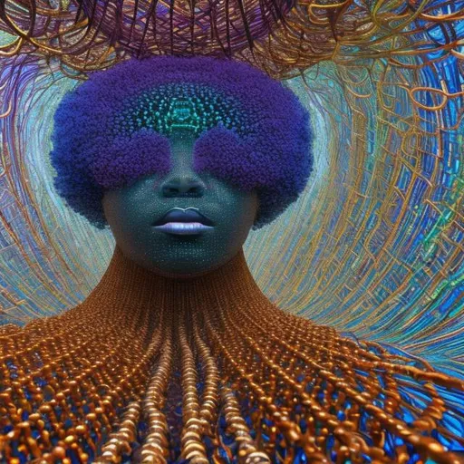 Prompt: An Afrofuturism sculpture depicting a larger-than-life figure composed of intertwined DNA strands and technological elements, symbolizing the potential of African genetics and scientific advancements.