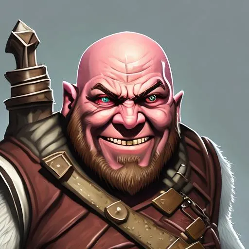 Prompt:  Magical Locksmith dwarf rogue. Crazy eyes, inappropriate smile, large noses. Bald, long neck beard. Wearing leather armor  head and shoulders portrait. Dungeons and dragons arcane trickster. fast runner