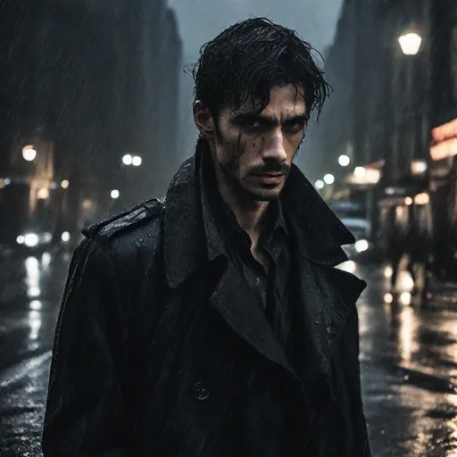 Prompt: show me a wide framed picture of A skinny black haired man with facial stubble in a rugged looking black trench coat looking beaten and battered and a scar across his cheek.  walking down a gothic rundown street in the middle of the night with a slight drizzle of rain hidden in a crowd of rugged looking people facing the camera