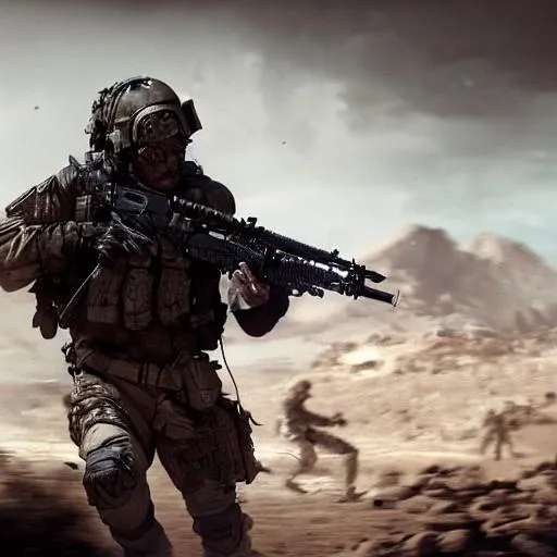 Prompt: Dying Mercenary Special Forces soldier in uniform with black armored vest crawling to shelter in the desert of Nevada  in 2020 while chased by HORDES of zombies, combat photography by Feng Zhu, highly detailed, excellent composition, cinematic concept art, dramatic lighting, trending on ArtStation Battlefield 3 cover style