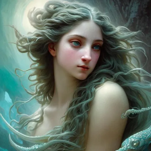 Prompt: Fantasy, Epic, Stunning, Spectacular, cinematic, 3D, HD, Beautiful!! {female}Sea Nymph, detailed gorgeous face, Beautiful big {moon-shaped}reflective eyes, long flowing turquoise hair, full moon background, ultra detailed full body artistic photography, Gorgeous detailed face, shadows, , brush strokes, ultra sharp focus, William-Adolphe Bouguereau, matte painting movie poster, silver ratio, epic, intricate, cinematic character render, hyper realistic, 64K --s98500