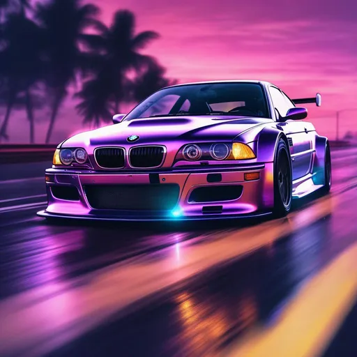 Prompt: 2001 BMW M3 E46 GTR, synthwave, aesthetic cyberpunk, miami, highway, dusk, neon lights, coastal highway, dusk, neon lights, coastal highway, sunset, drift, nurburgring, water on the road, blade runner, 8k, watercolor, macro sharp focus, 8, hyper realistic