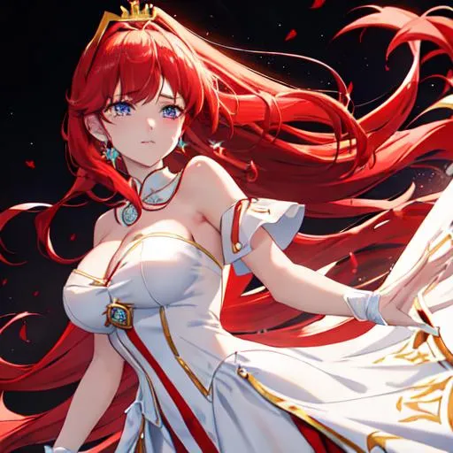 Prompt: Haley as a horse girl with bright red side-swept hair, crying, wearing a white and gold blood-stained royal slim dress, wearing a crown, holding a dagger. 