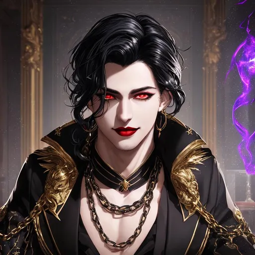 Prompt: young handsome male, black hair ,arabian siren eyes, mischevious smile, shadowy eyes, dark red lips, one eye slightly blinking, dimple on one side,noble outfit,in a mansion, aristocrates, chains, ultra hd, 64k, artstation, digital art, particles, volumetric lighting, realistic, high quality, unreal engine 4, hd render