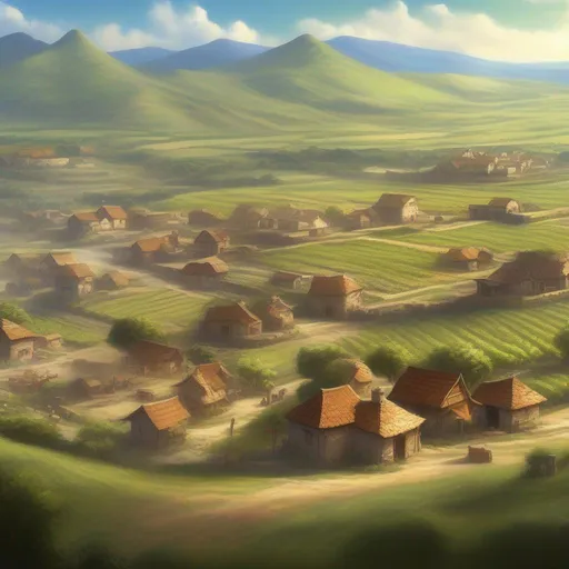 Prompt: Rural village, fantasy setting, open plains, hills in the background, fruit orchards, natural lighting, panoramic