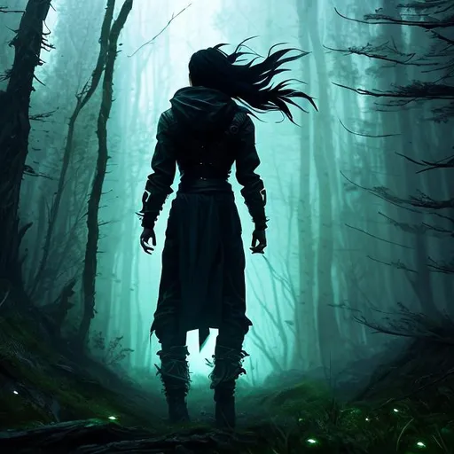 Prompt: Full Body Mountain witch, fearinducing, tall, pale, Long black wild hair, eyes glowing menacingly green, dark Magic Aura, torn clothes, Background foggy forrest, fantasy, Shadowrun, soft lighting, perfect composition, cinematic, video game trailer, dramatic, detailed painting, 8k, octane render, by makoto shinkai, stanley artgerm lau, wlop, rossdraws, concept art, digital painting, looking into camera,