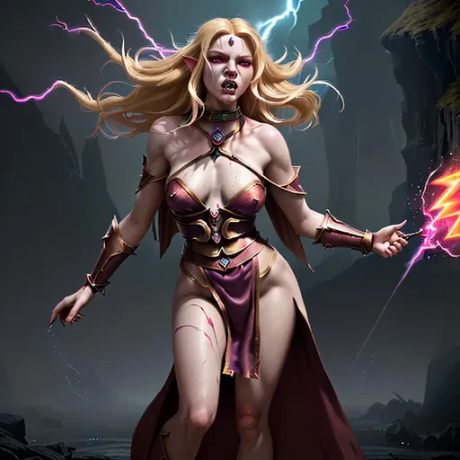 Prompt: Create Splashart, focused on a full body, hyper cute young feminine faced, ultra perfect young slender, part deep red orc and part human, blonde hair, casting magic lightning bolts in an ultimate epic depiction of a magical battle, wearing a thick iron slave collar, multi color silk robe, deep red eyes glowing in the background,

a fantasy style realistic dark fantasy ancient cavernous cave, with a majestic waterfall into a pool of clear blue water,

Professional Photo Realistic Image, RAW, artstation, perfect lighting, perfect shadows, intricate detail, fantasy concept art, 4k resolution, deviantart masterpiece, splash arts, ultra details Ultra realistic, hi res, UHD, 3D Rendering, depth of field 2.5, APSC, ISO 12000,