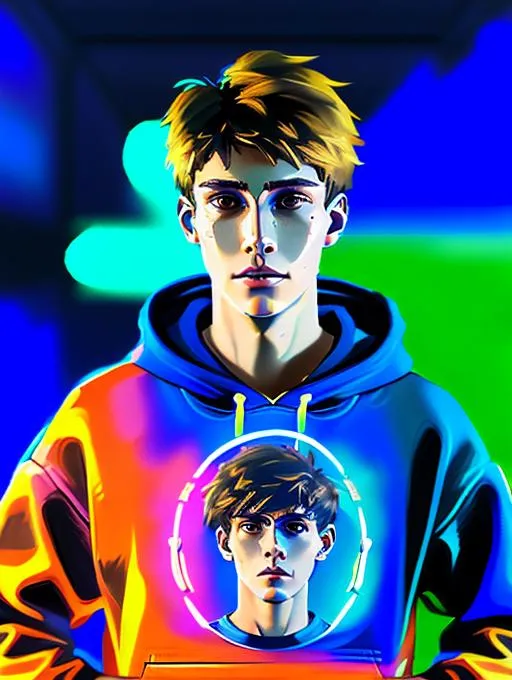 Prompt: Concept art, digital brush, Face close up, hyperdetailed, Beautiful young teen boy, (16 year old kid) (messy hair)+ ((hair covering eye))++ emo cut, lightbrownhair boy, hair, sharp gaze, blue eyes, innocent, boy model, 16 years old, hot, pretty, cute, hoodie zipper, cinematic lighting, blue sky, bright colors, blue, green, yellow, white,  luminous, hyperdetailed, great composition, professional, artstation award, (white background)++ 