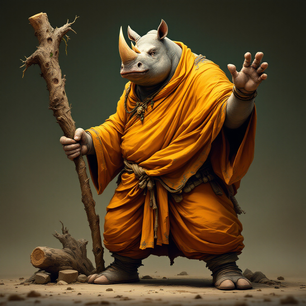 Fat Rinoh anthropomorphic great fat Rhinoceros monk in orange...